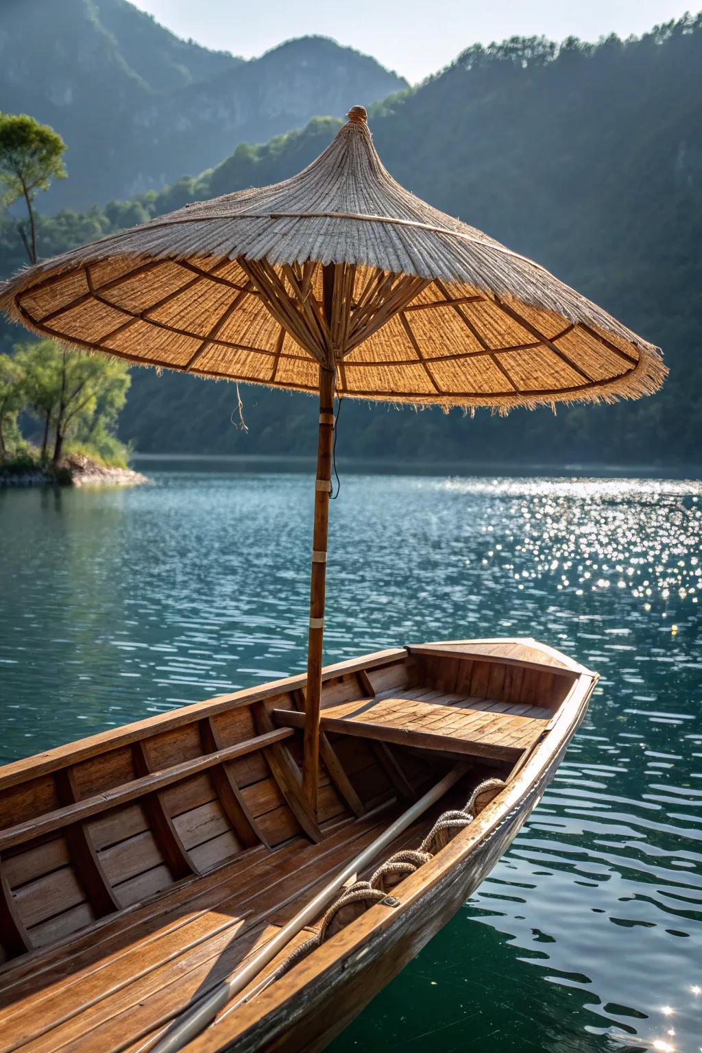 Improve your boating time with this rustic handcrafted reed shade - where skill meets nature.