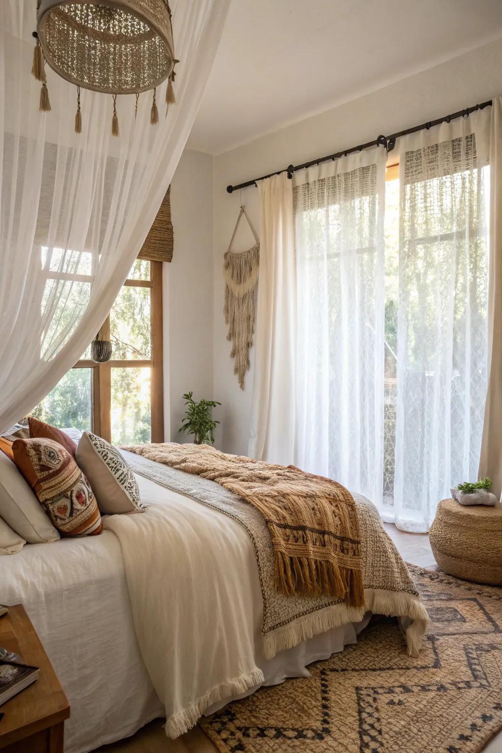 Layered window dressings add elegance and functionality to this boho bedroom.