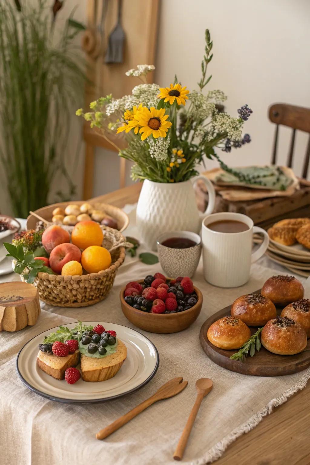 A natural color scheme sets a soothing mood for the boho brunch.