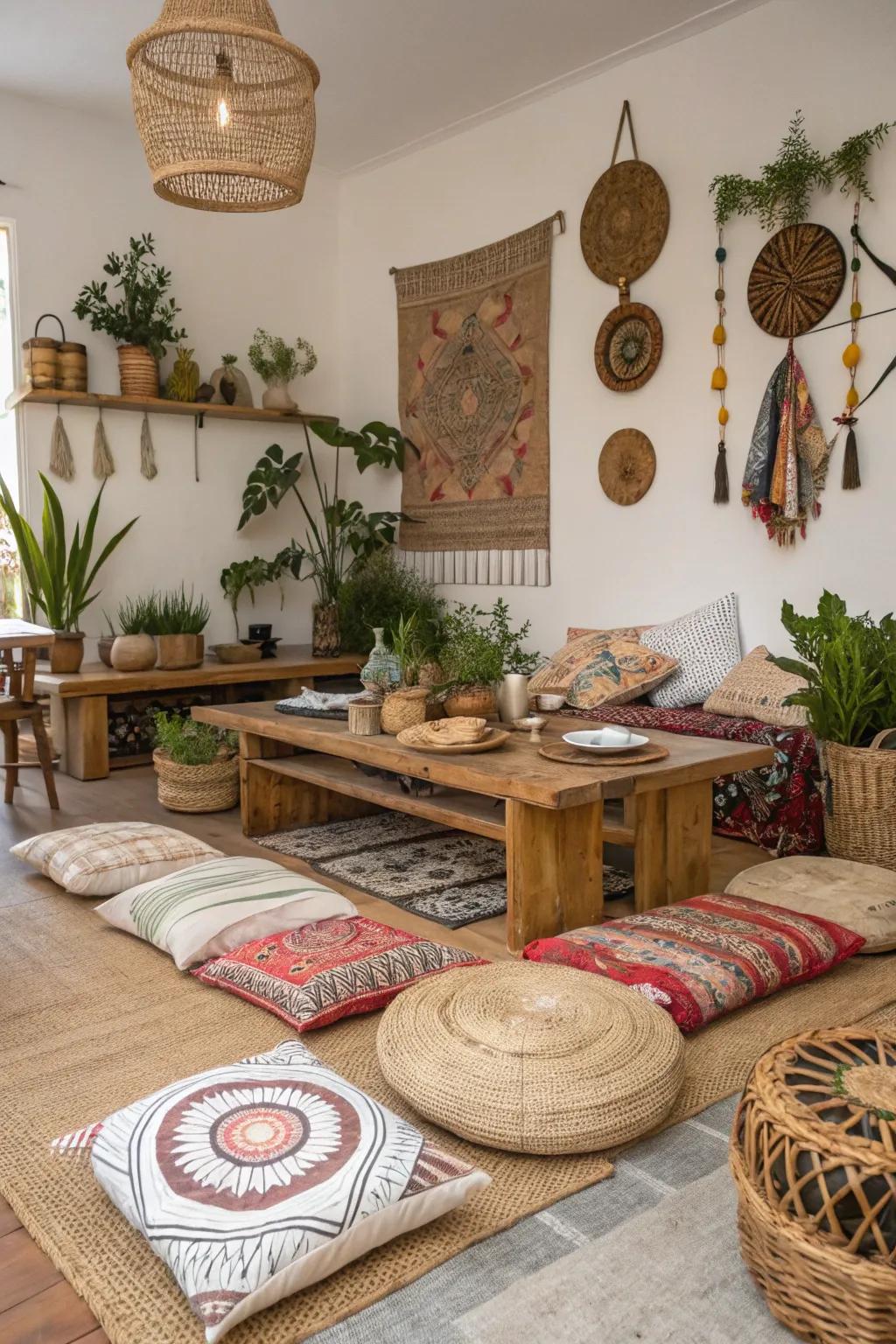 Ground cushions adding comfort to a boho dining space.