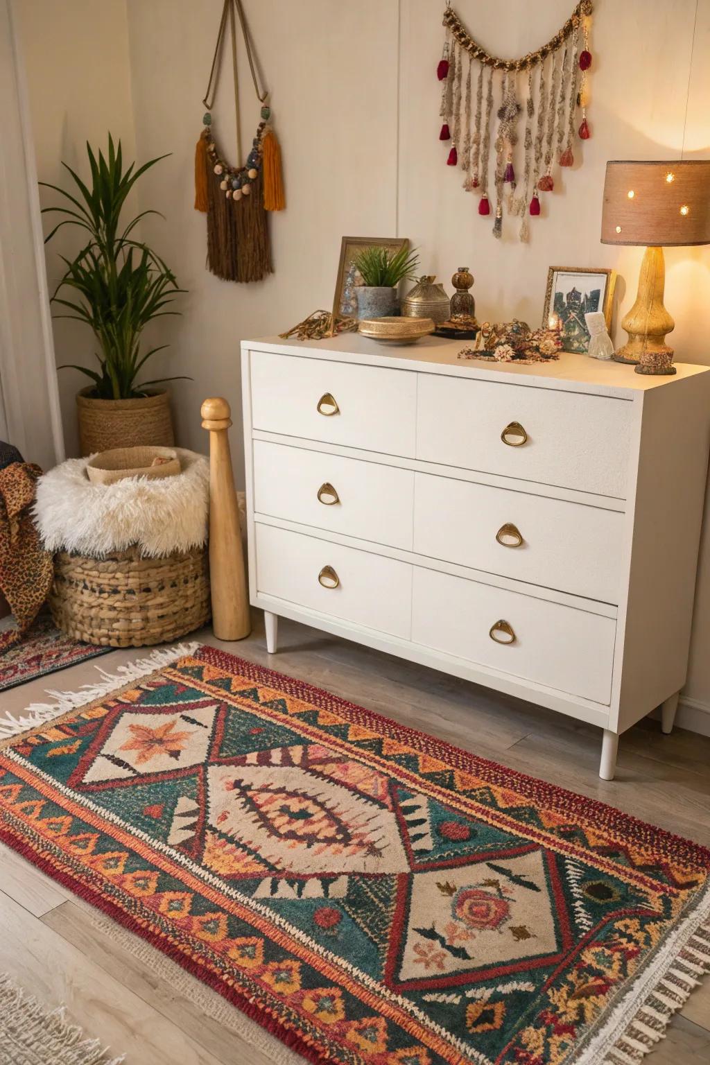 A fringed rug adds comfort and completes the boho look of this dresser.
