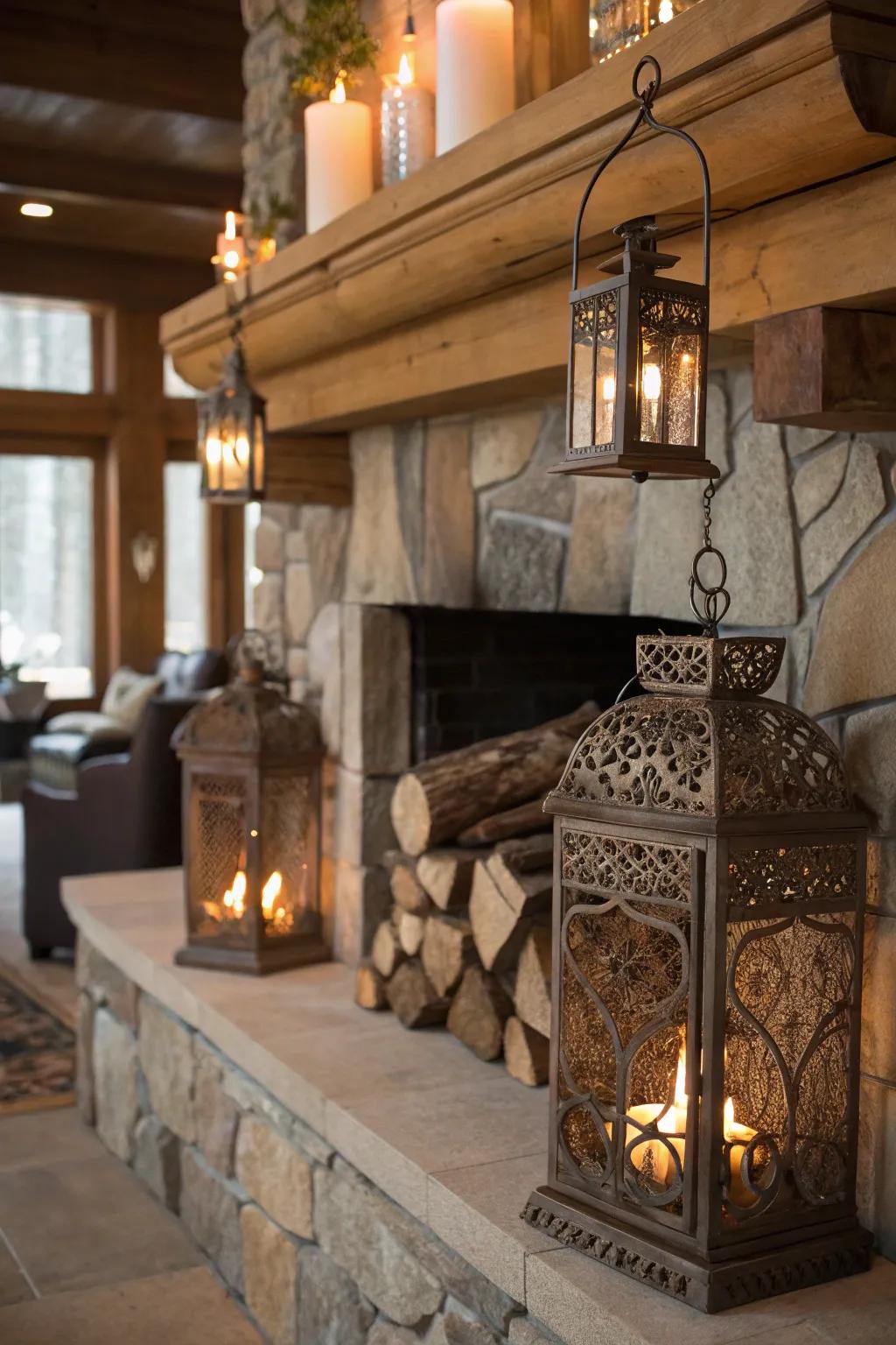 A fireplace surrounded by decorative lanterns, offering a warm and inviting bohemian atmosphere.