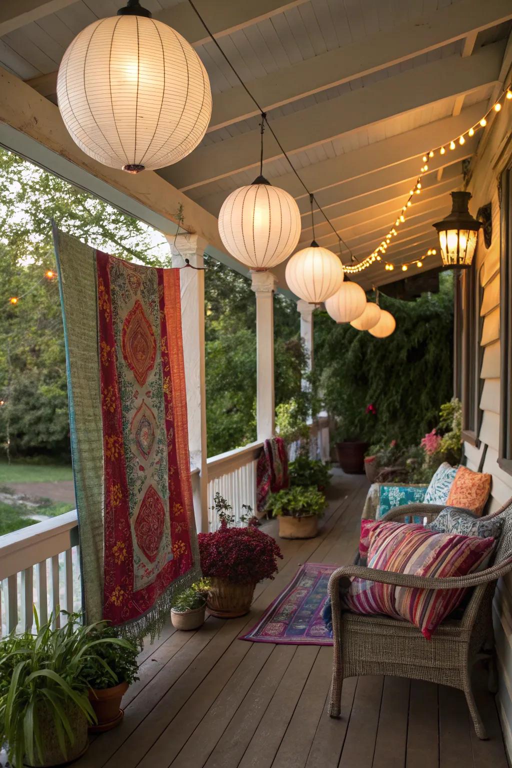 Rice paper lanterns infusing a bohemian porch with a light, airy feel.
