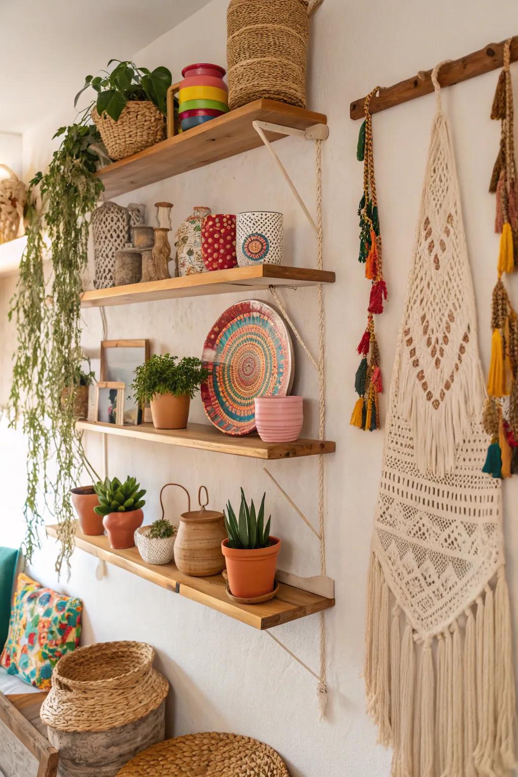 This wall is given functional and fashionable storage by bohemian shelving.