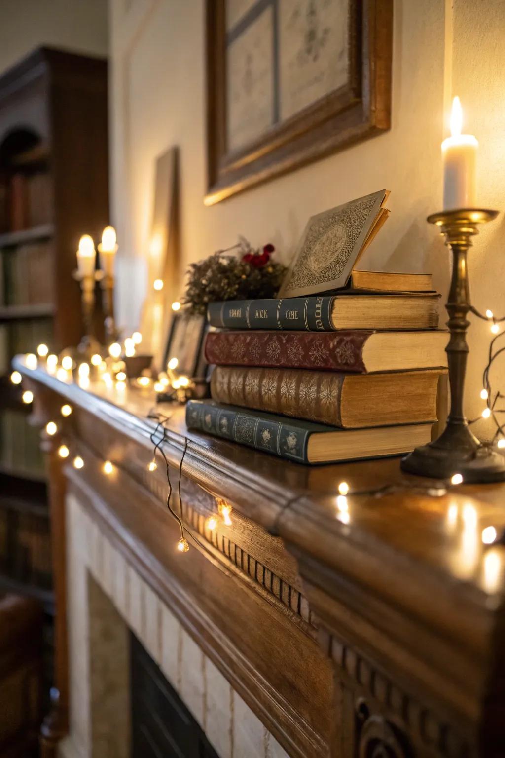 Lighting accentuates the book arrangement on the mantel.