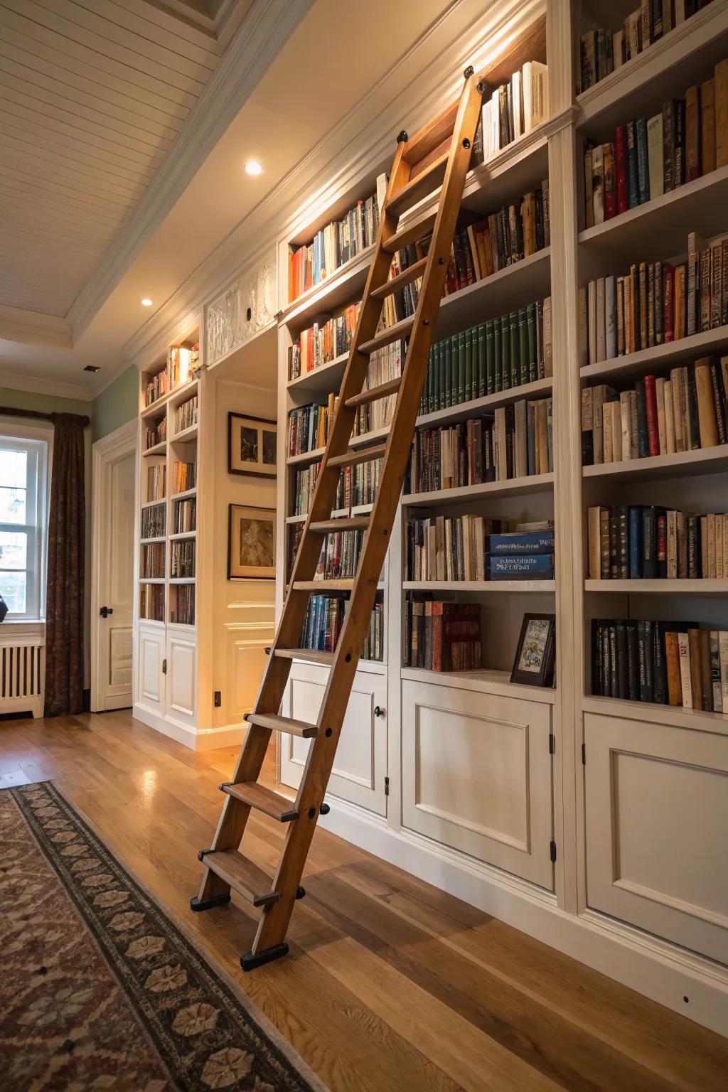 Library ladders infuse charm and accessibility.