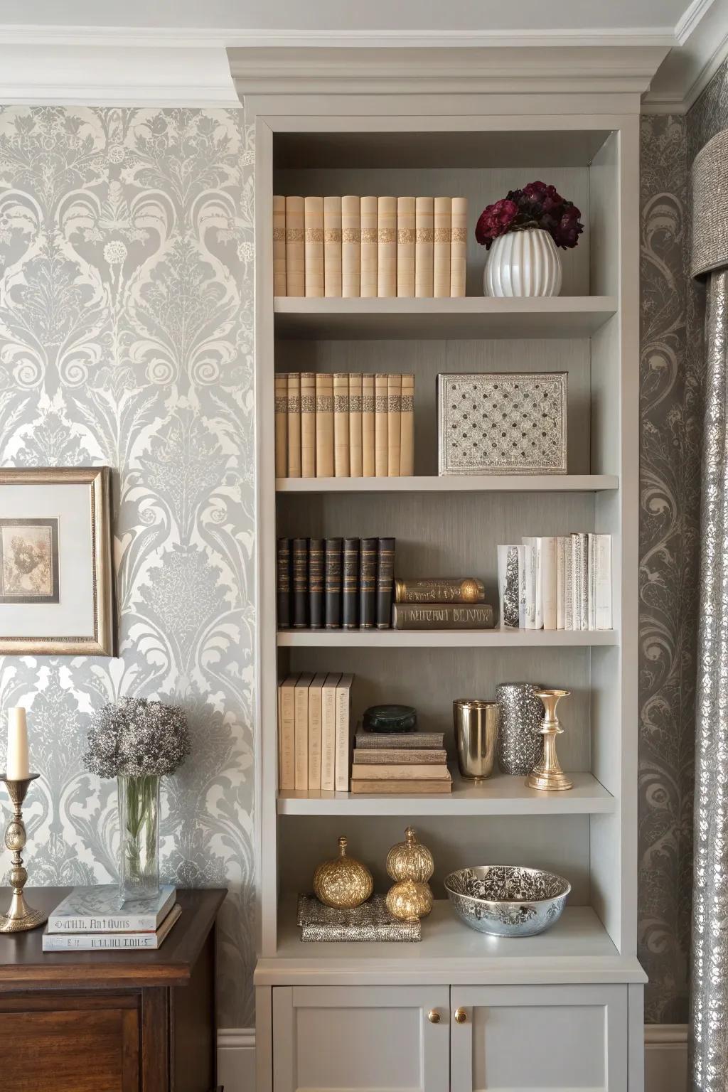 <strong>Bookshelf</strong> featuring silver brocade wallcovering for an elegant, timeless appearance.&rdquo; loading=&rdquo;lazy&rdquo; class=&rdquo;pimg&rdquo;>
	</picture><figcaption><strong>Bookshelf</strong> featuring silver brocade wallcovering for an elegant, timeless appearance.</figcaption></figure>
<p>Brocade wallcovering can introduce timeless class to your shelves. I opted for a subtle silver brocade, which elevated the overall aesthetic of my study.</p>
<h3>Products that could assist:</h3>
<ul class=