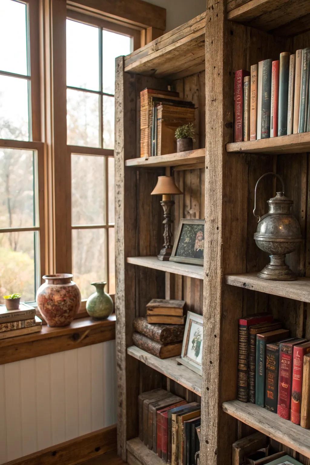 Add warmth with rustic reclaimed wood bookshelves.