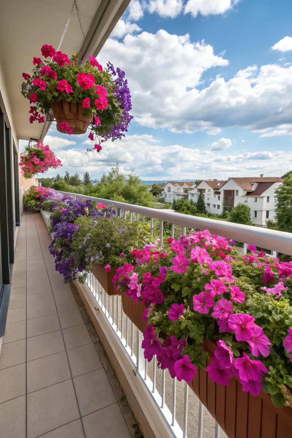 Bougainvillea bringing vibrant colors to a compact balcony.
