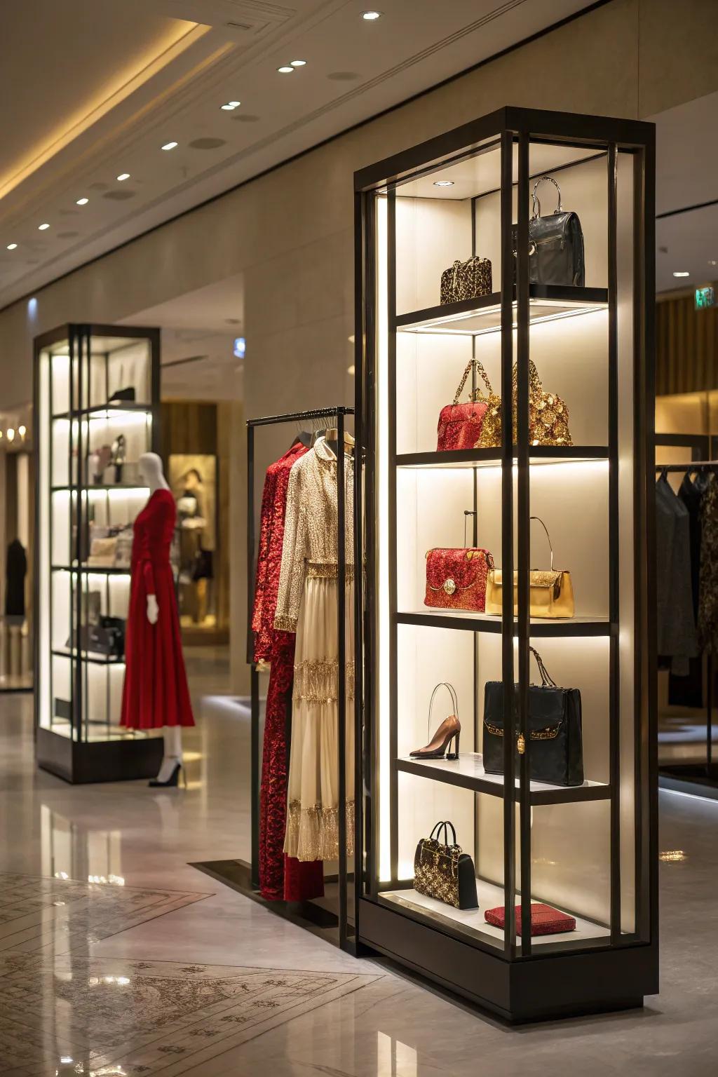A shop interior with backlit displays, highlighting product details and adding dramatic flair.