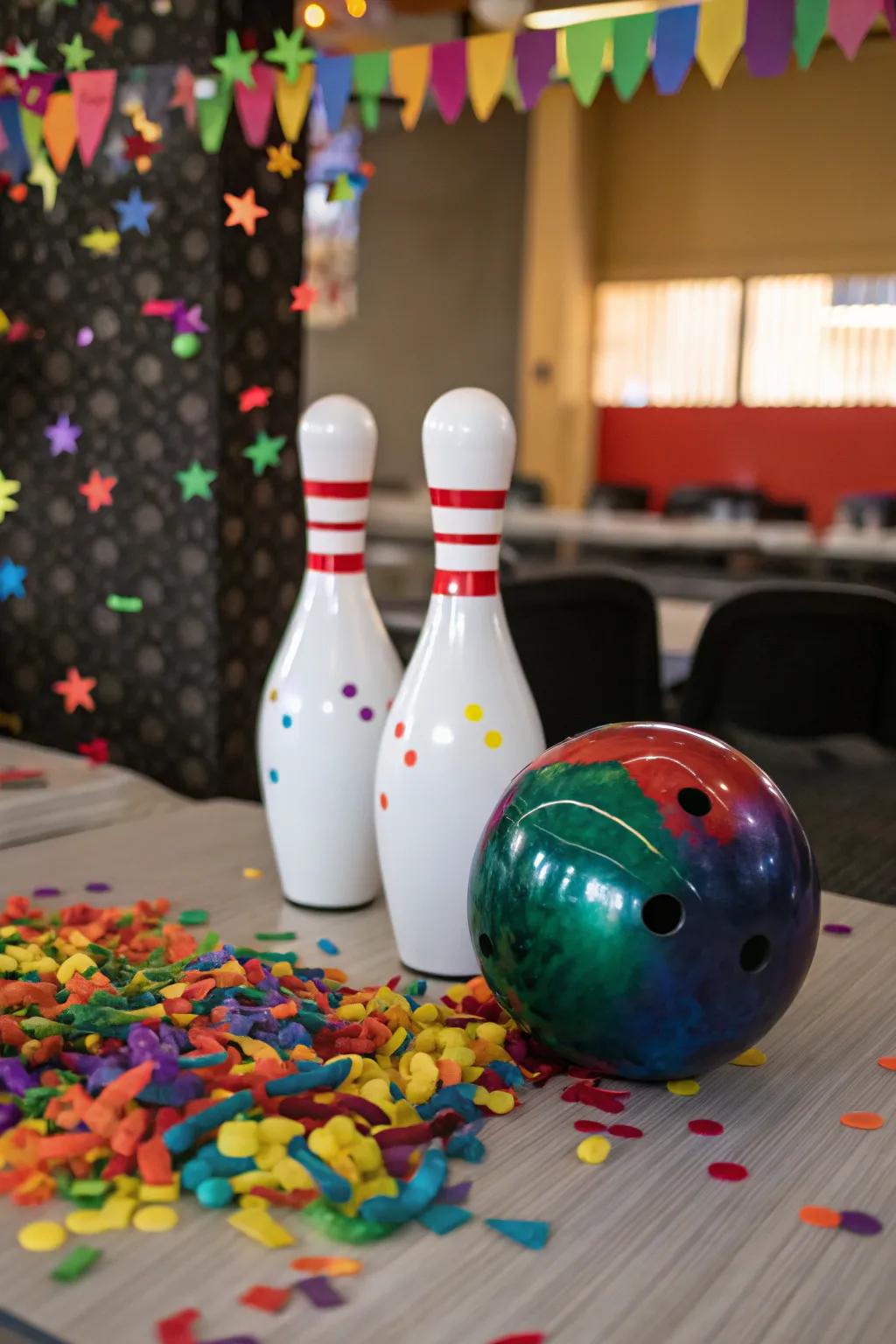 Festive confetti adds cheer to your bowling-themed centerpiece.