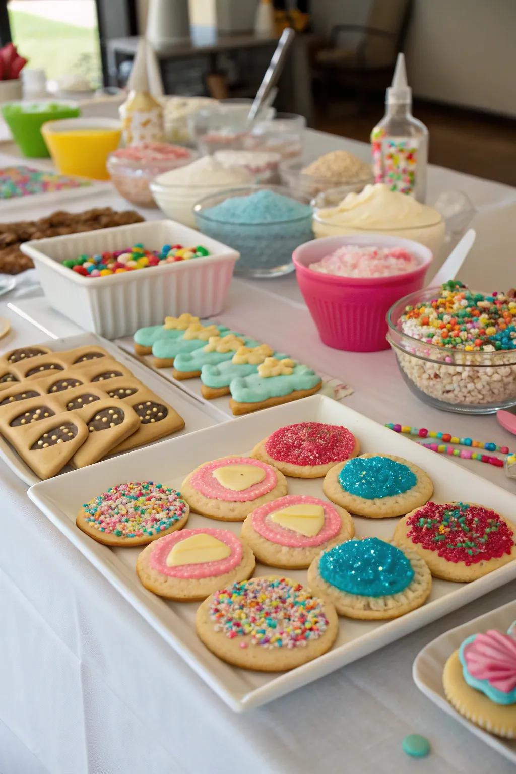 A cookie decorating challenge setup with an array of decorations.