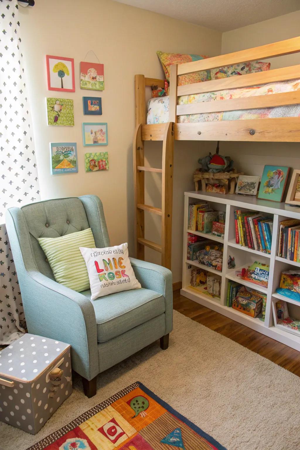 A reading area offers a quiet retreat within the shared quarters.