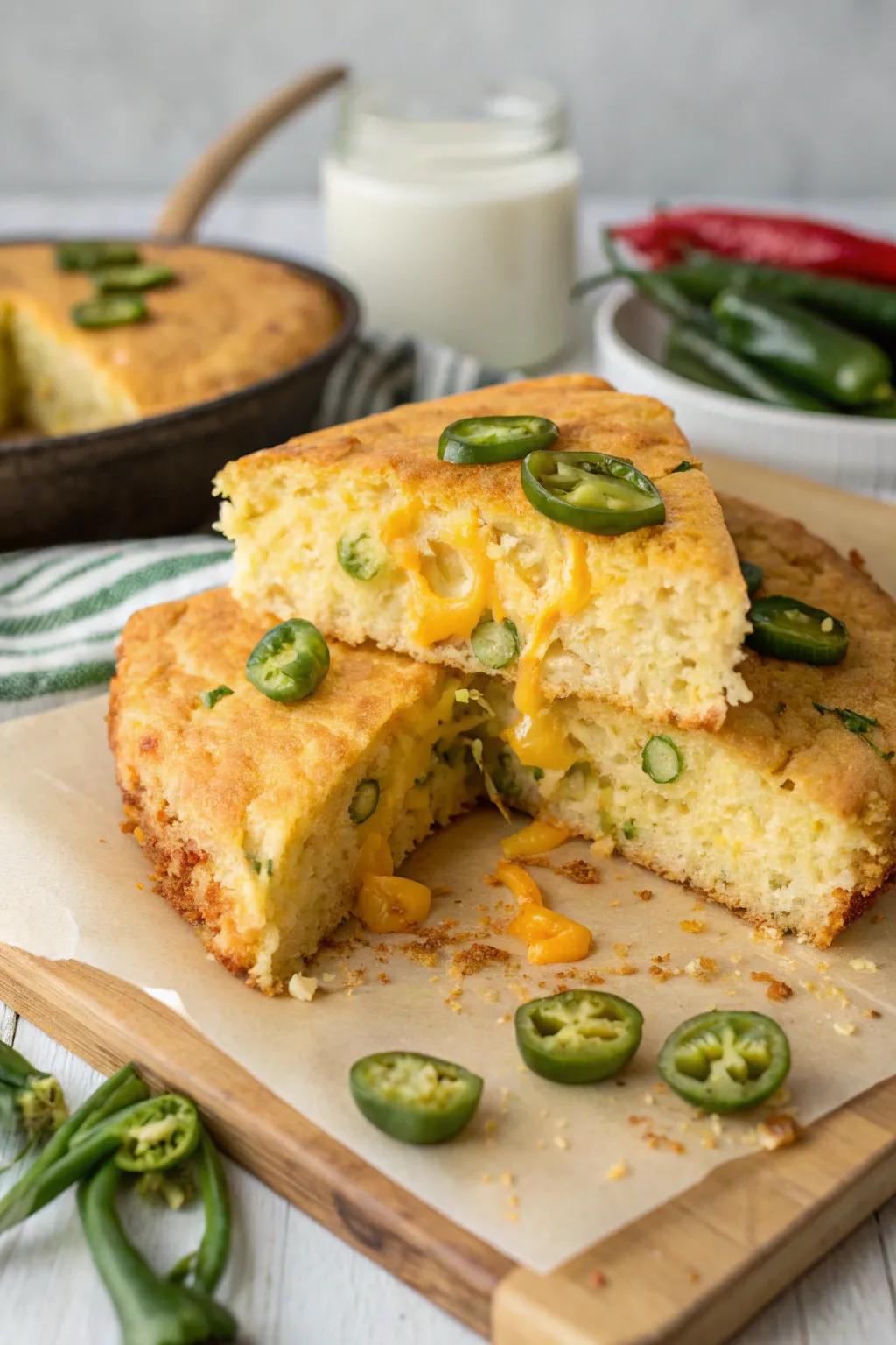 Cheesy jalape&ntilde;o cornbread, a spicy and creamy delight.
