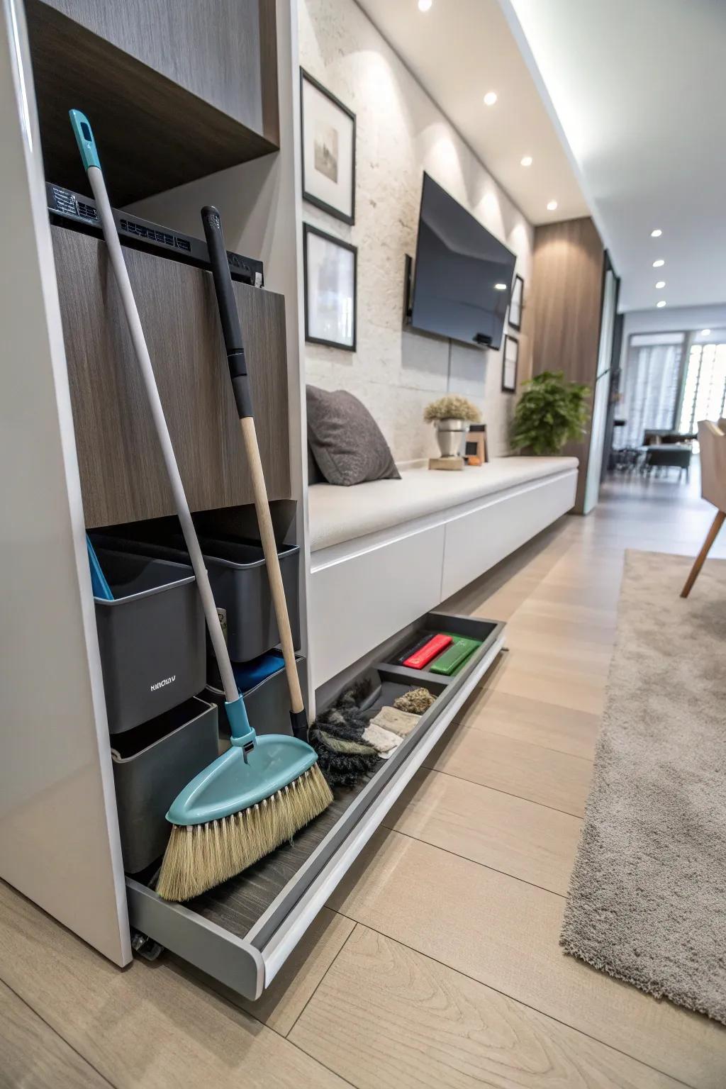 Baseboard storage offers discreet and inventive solutions.