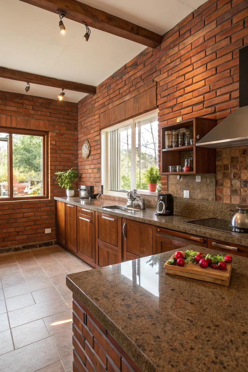 The cooking space gains warmth and rustic charm from brick red walls.