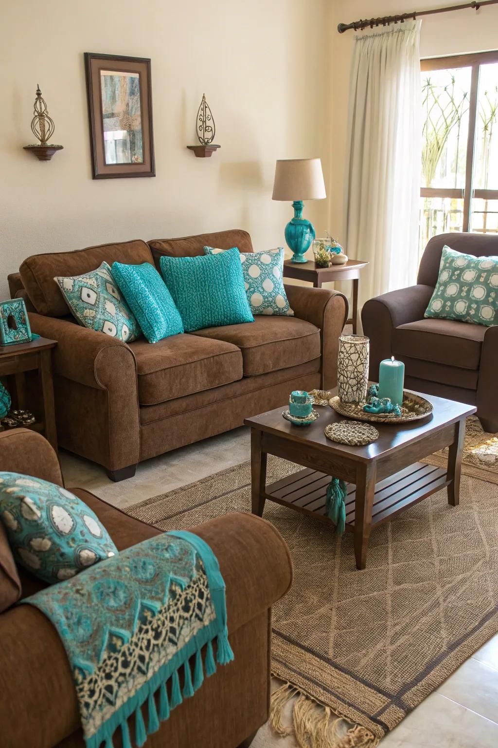 Vibrant accents, similar to turquoise, inject a lively touch to brown decor.