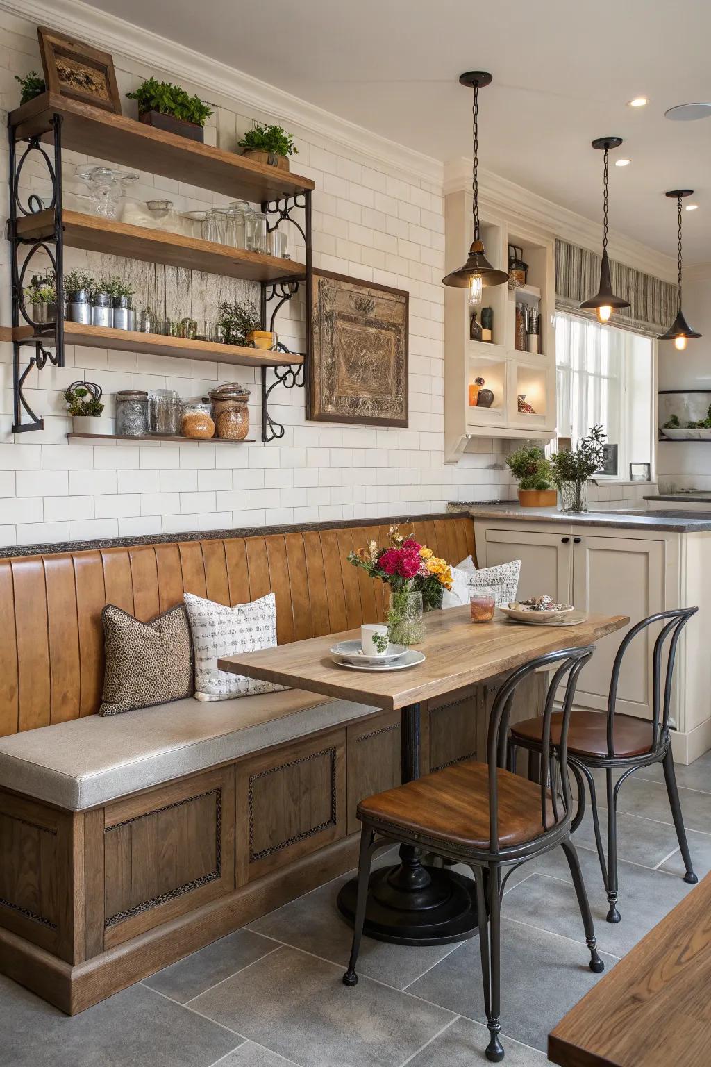 Combining materials for a dynamic kitchen banquette design.
