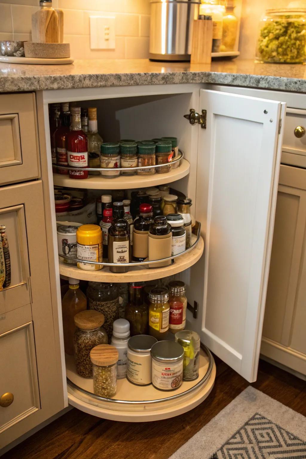 Rotating Trays provide simple access to items in deep cabinets.