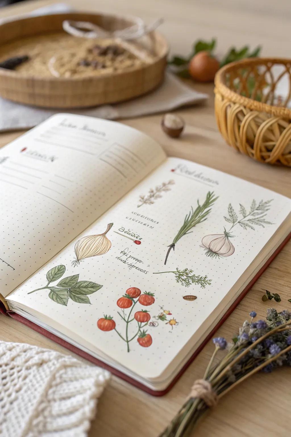 Capture your culinary journey with a beautifully illustrated recipe collection in your bullet journal.