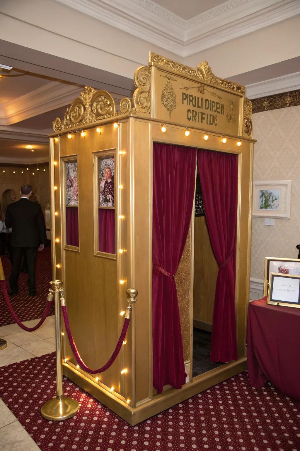 A golden photo booth with red accents offers fun photo opportunities.