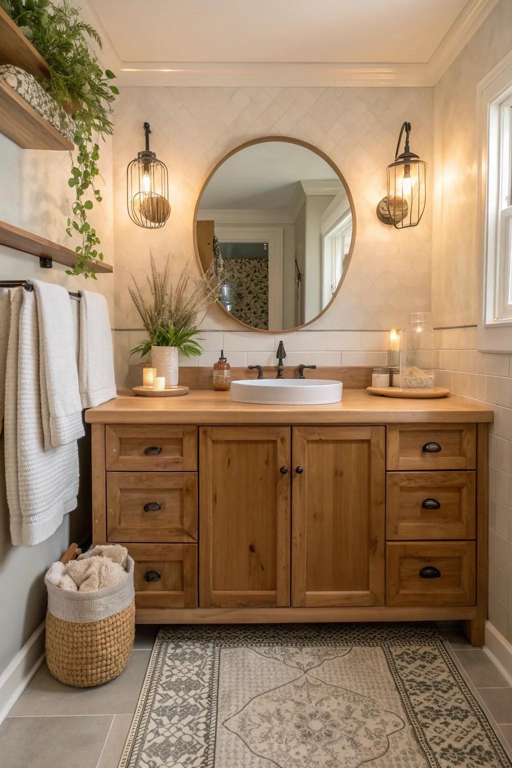 Turn your bathroom into a peaceful spa-like retreat using a stunning wood counter area.