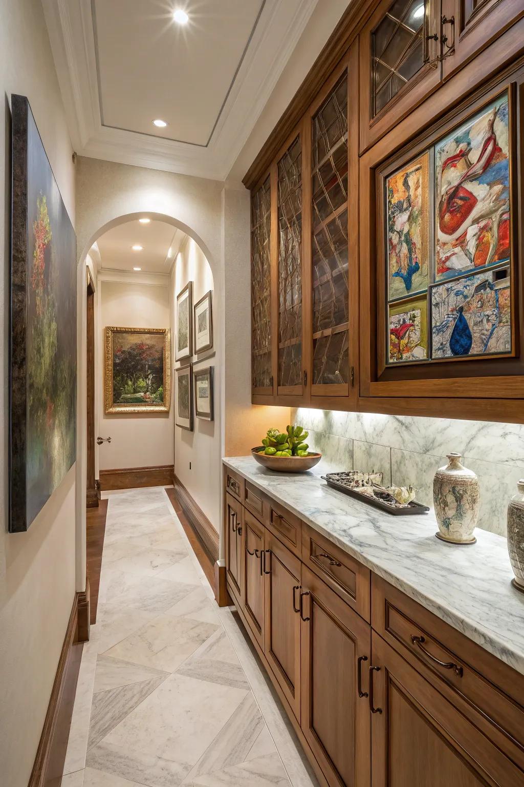 An artistic butler's pantry decorated with unique artwork, adding a personal touch.