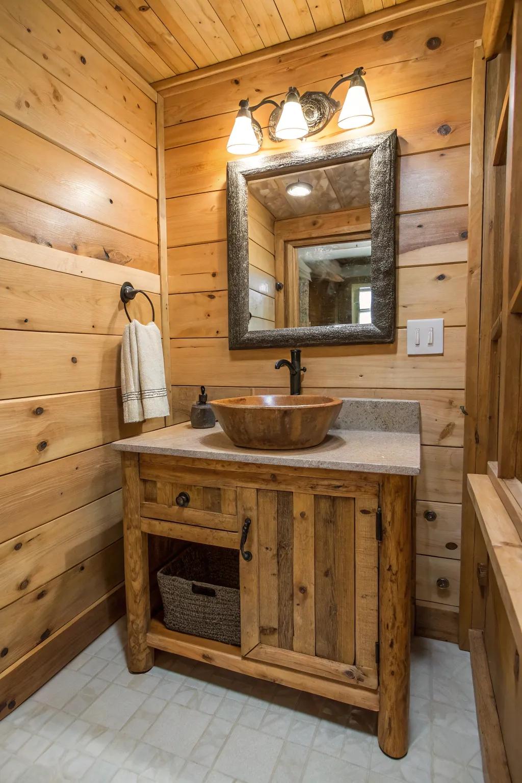 A cabin bathroom with a countryside vanity crafted from reclaimed materials.