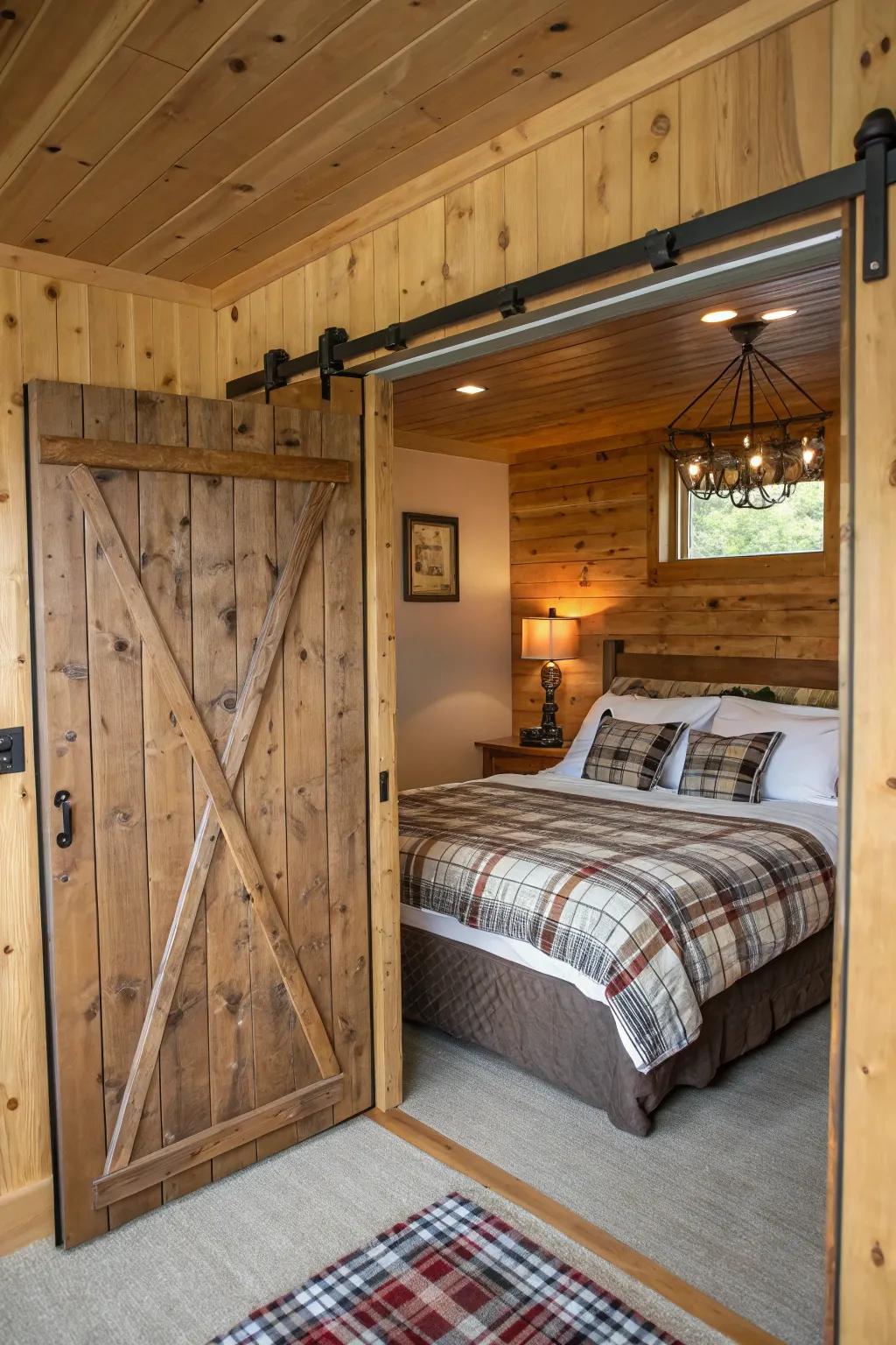 A cabin bedroom features sliding barn-style doors.