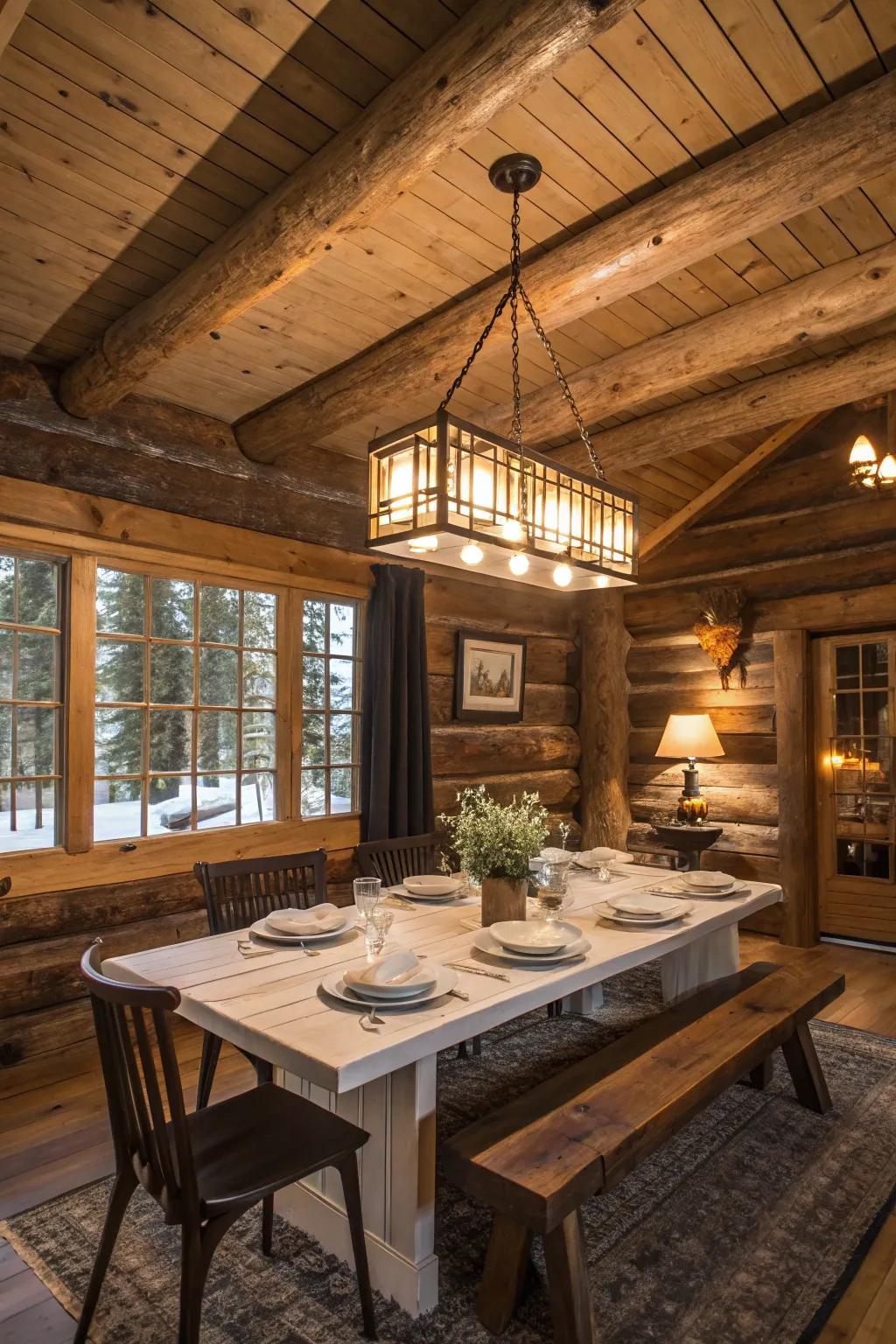 A statement light fixture enhancing the dining zone in a cabin.
