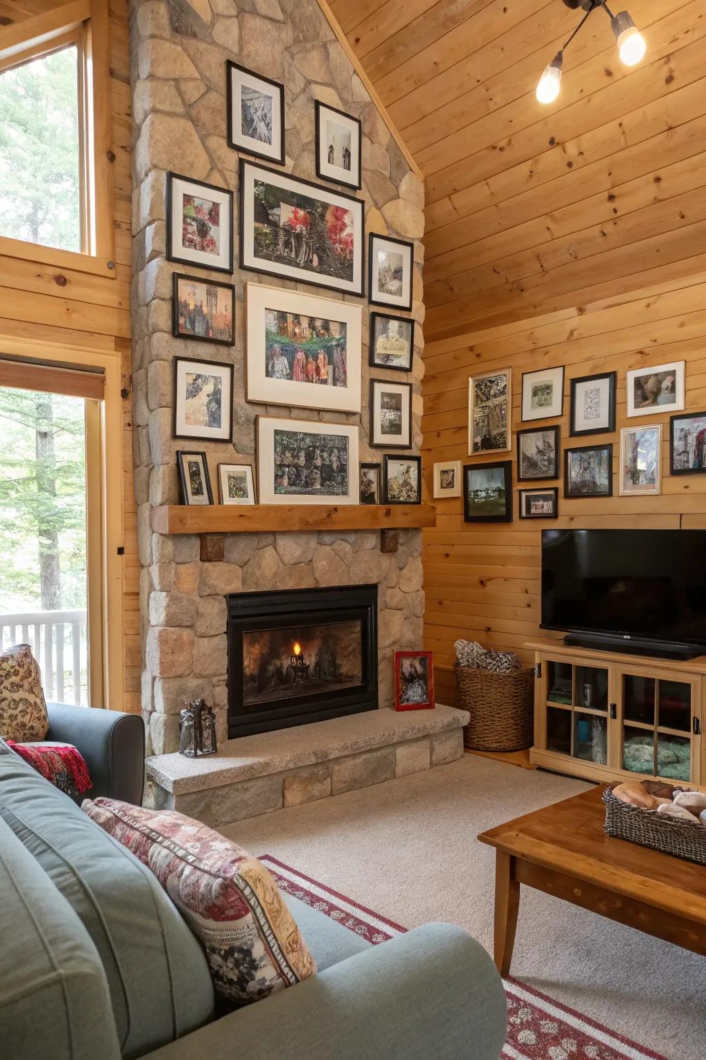 A picture display adds warmth and personal touch to this cabin living space.