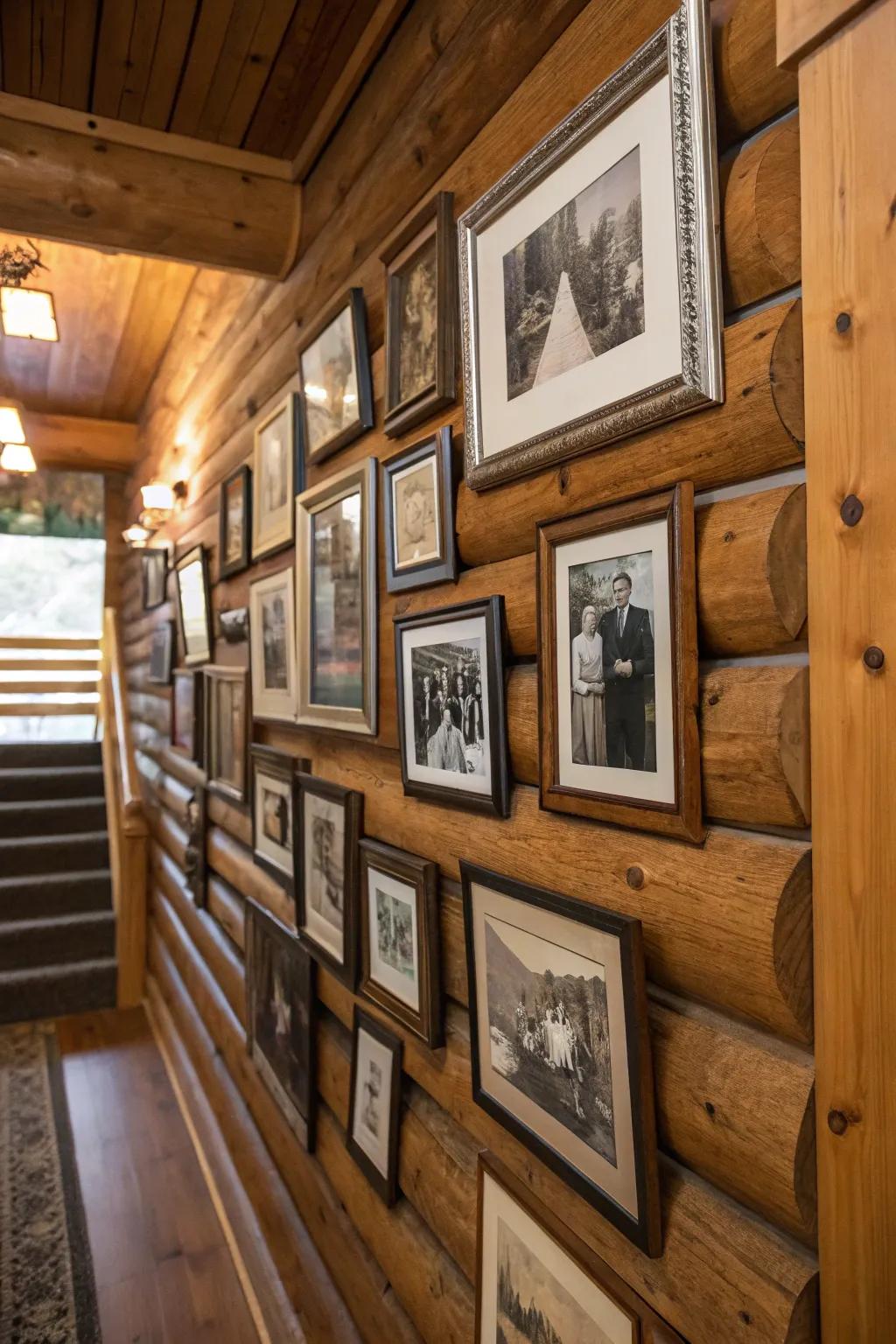 A personal photo display with family photos in a cozy cabin.