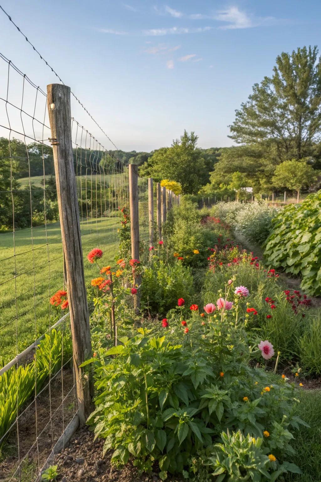 Eco-friendly wire fence in a sustainable garden