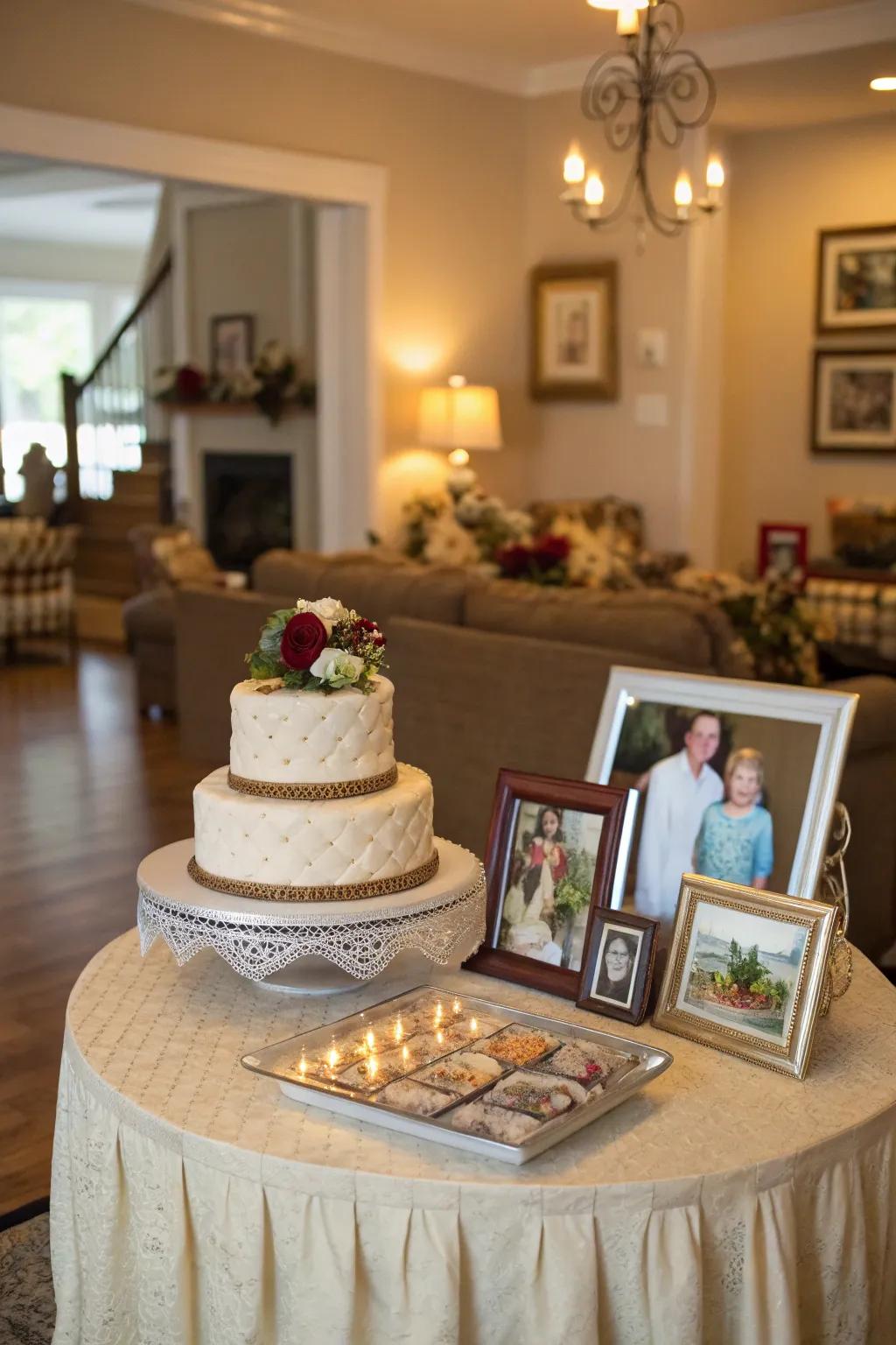 A cake table with personal photos, adding a sentimental and heartfelt touch.