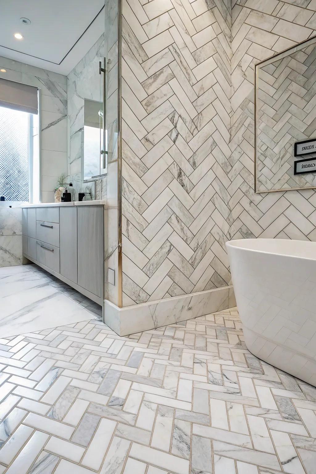 A visually interesting bathroom with an intricate herringbone pattern of Carrara Essence marble tiles.