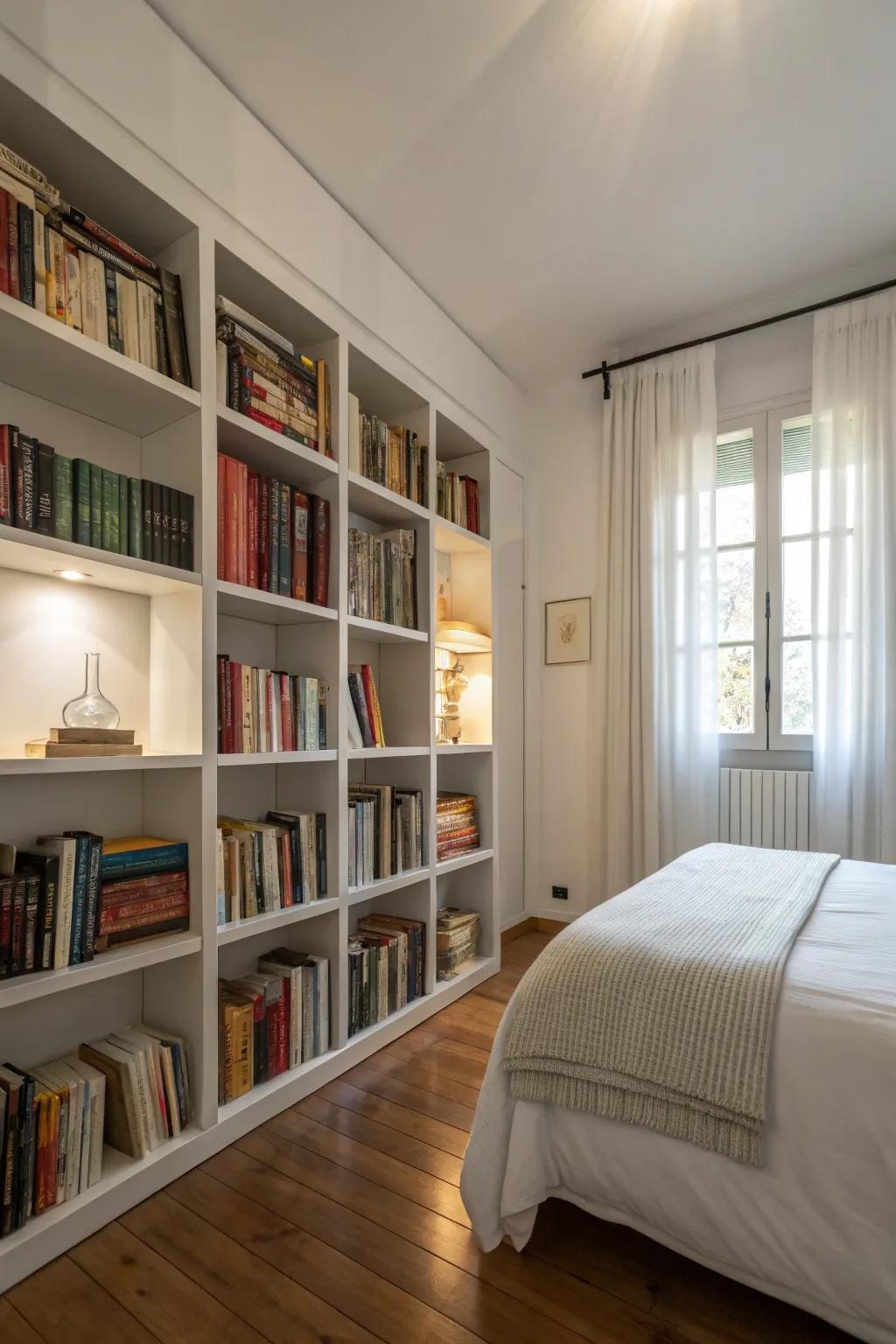 Bedroom featuring a bookshelf filled with design books and novels.