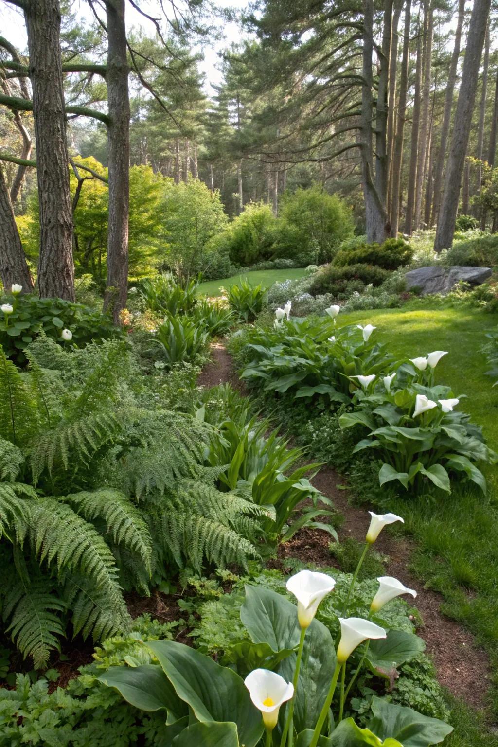 Swan flowers contributing to the allure of a woodland garden scene.