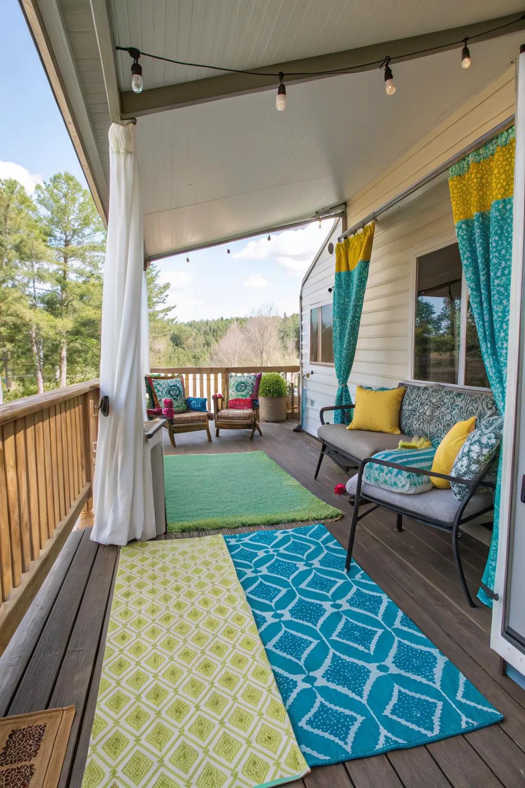 Outdoor mats add comfort and style to the porch.
