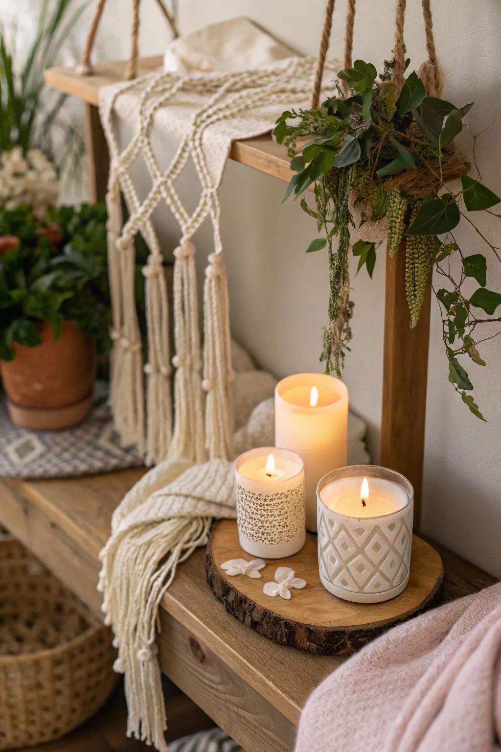 Macramé and candles create a bohemian chic vibe.