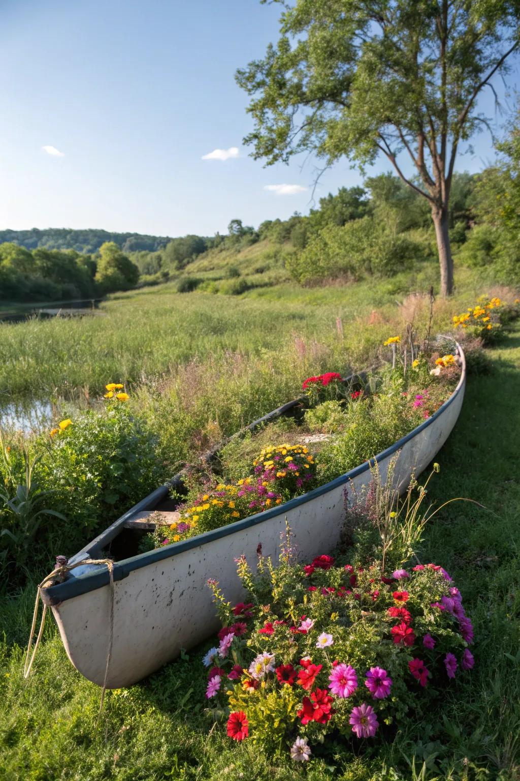 Wildflowers in a canoe planter evoke a meadow-like charm.