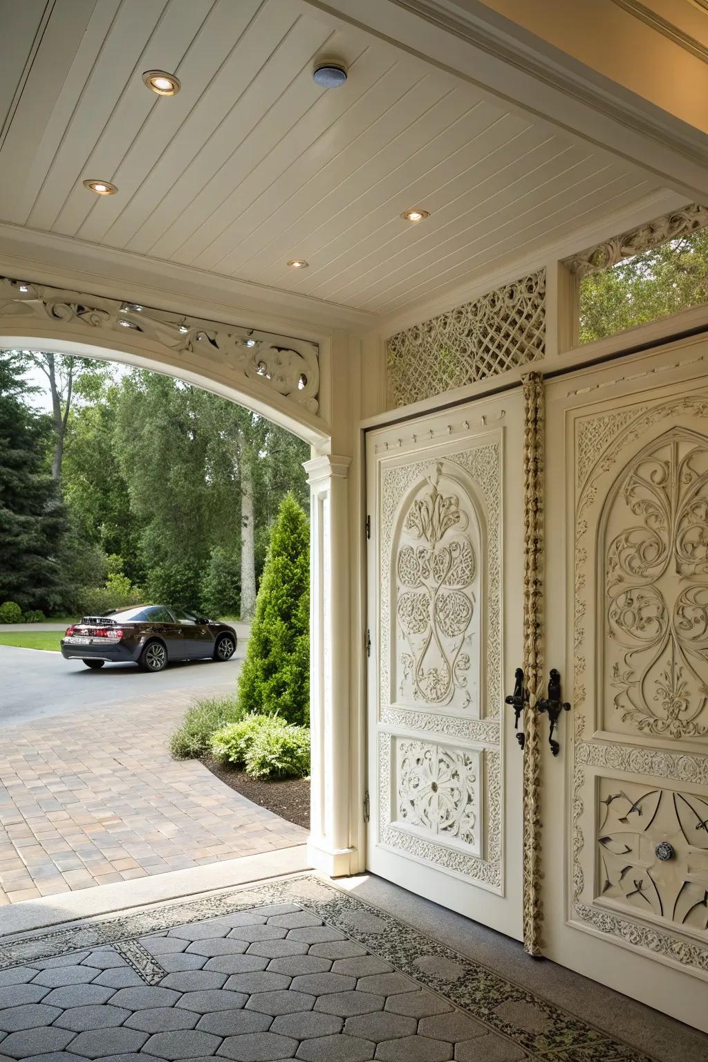 A carport showcasing textured entryway finishes, exuding a meticulous and elegant look.