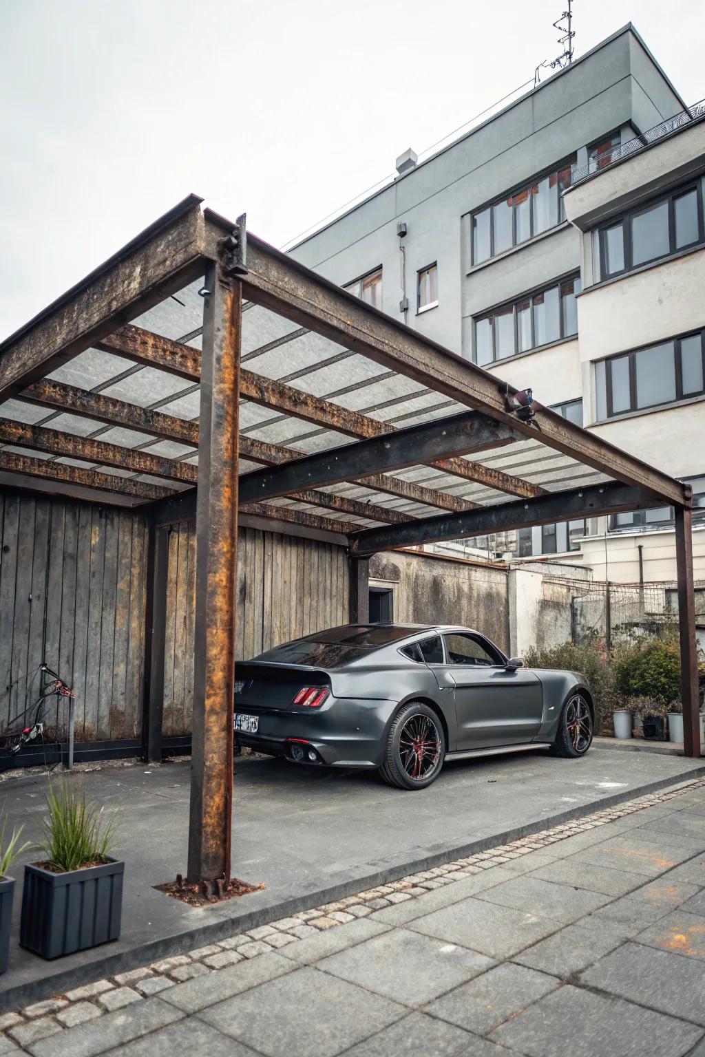 A carport designed with an industrial theme, exuding a strong, modern vibe.