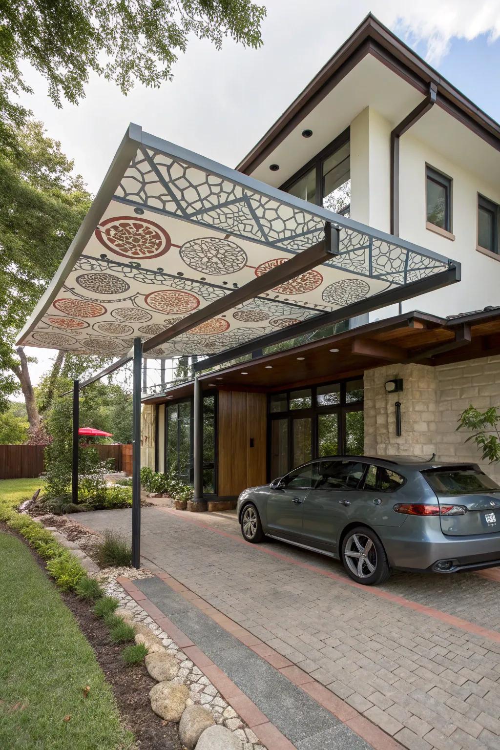An artistic shade carport with creative shapes.
