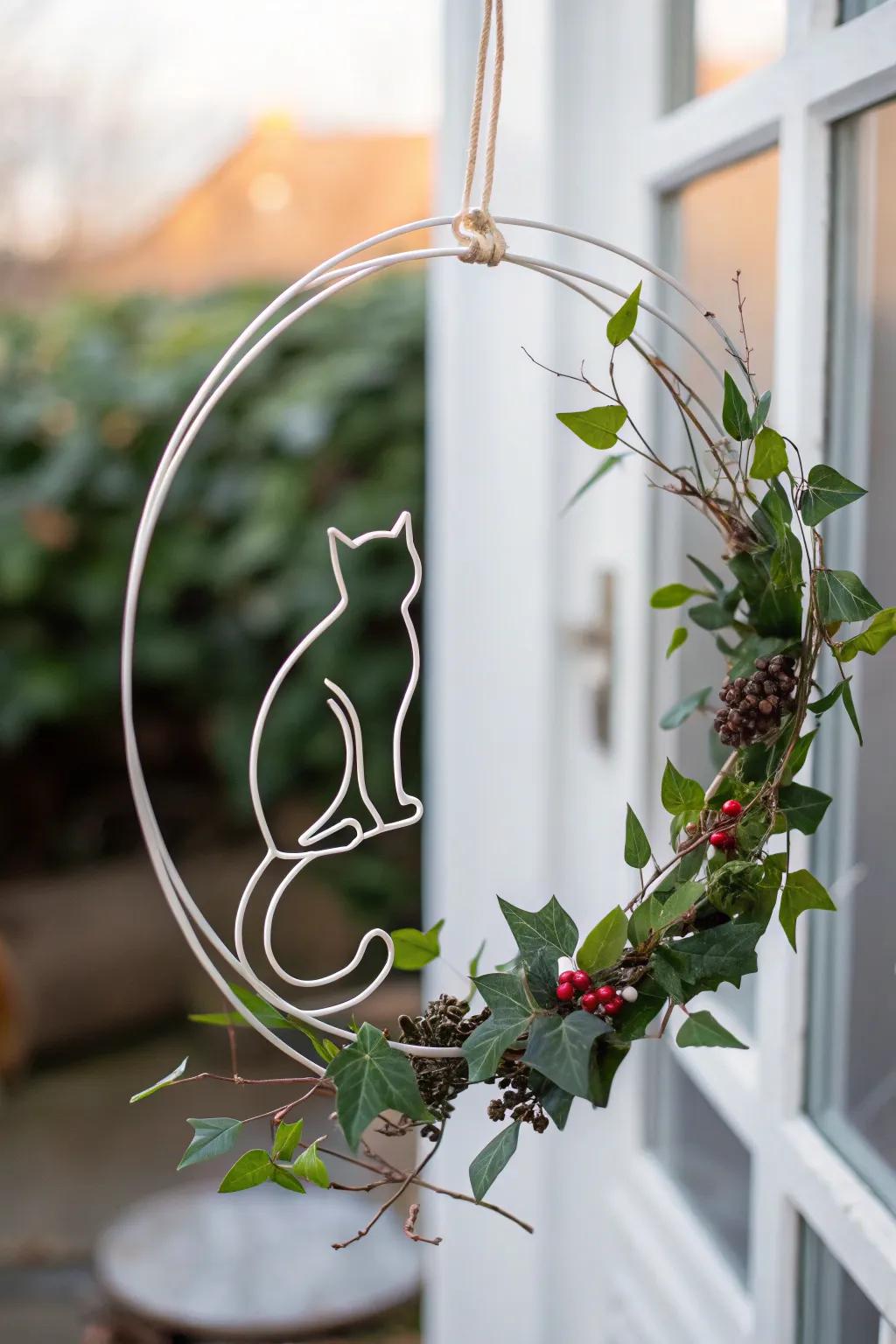 A minimalist feline outline wreath for a sleek style.