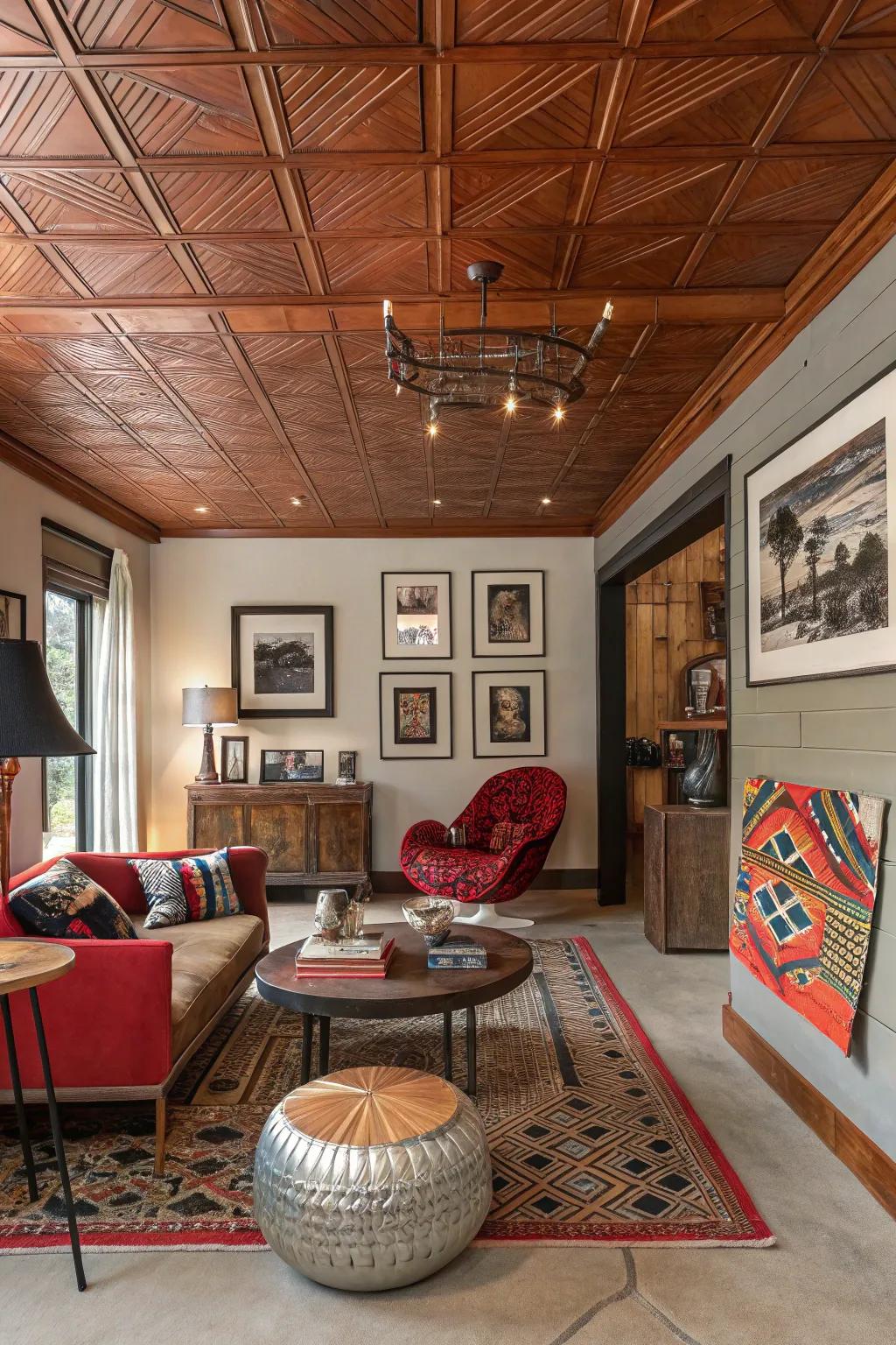 An eclectic room with a wooden plank ceiling and metal accents for a unique style.