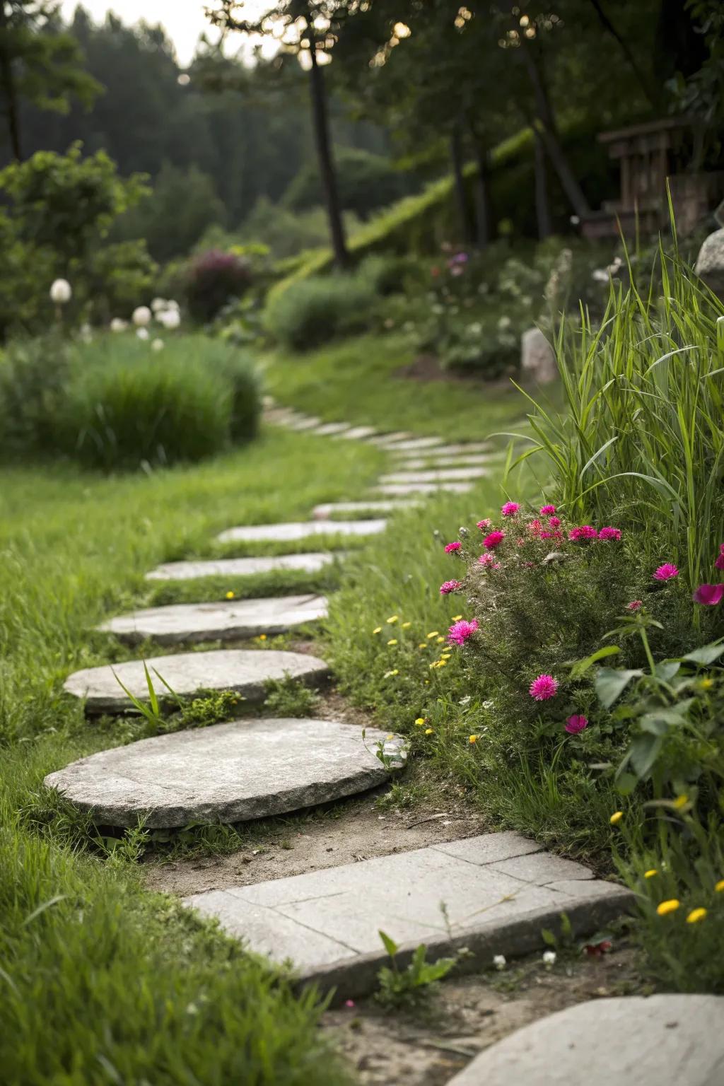 Concrete stepping stones create a peaceful path through the garden.