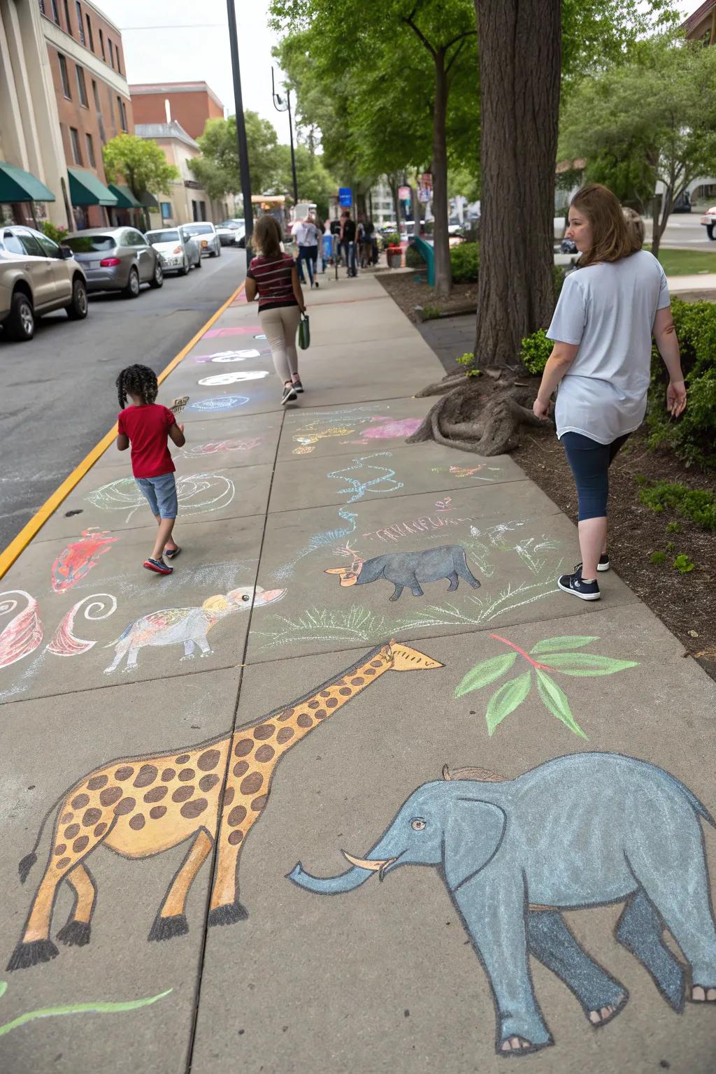 A playful wildlife park scene drawn with chalk, featuring a variety of animals.