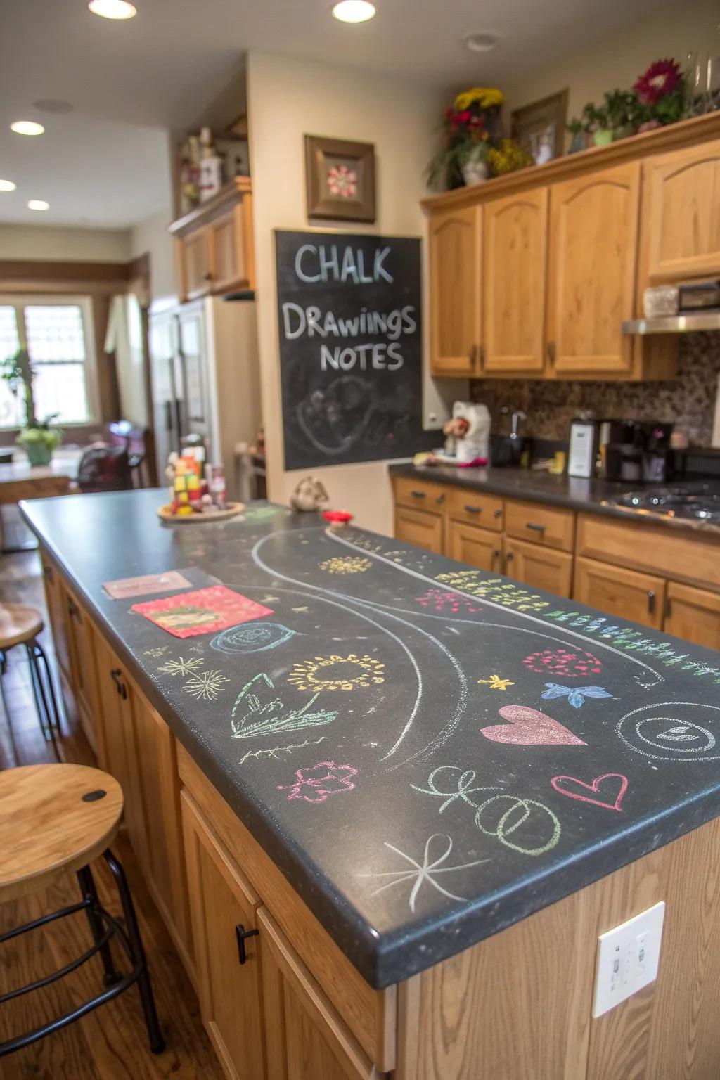 A creative kitchen features chalkboard painted countertops.
