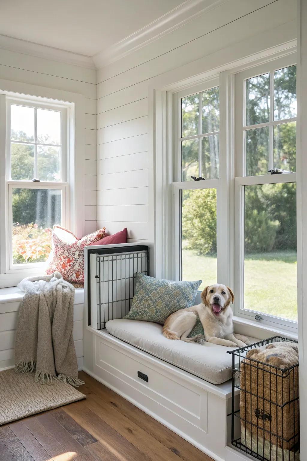 A window seat that also serves as a cozy kennel.