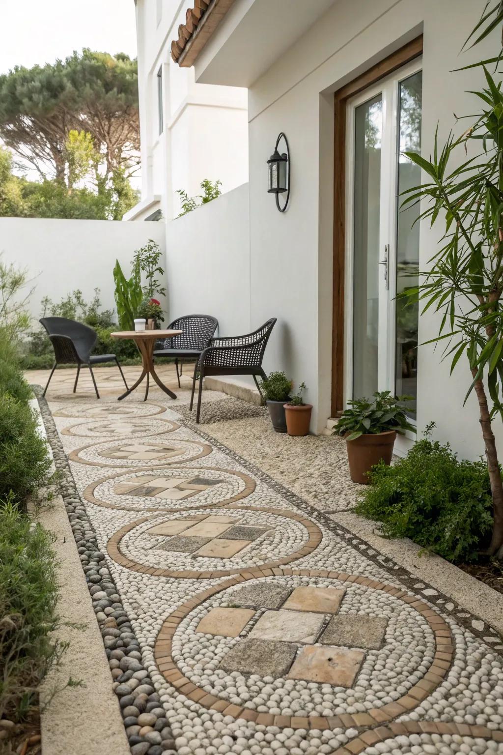 Texture and artistry added by pebble mosaics.